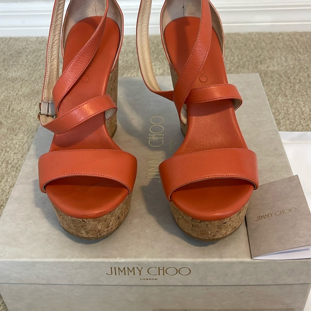 Jimmy Choo Orange Wedge Sandals with Cork Heel